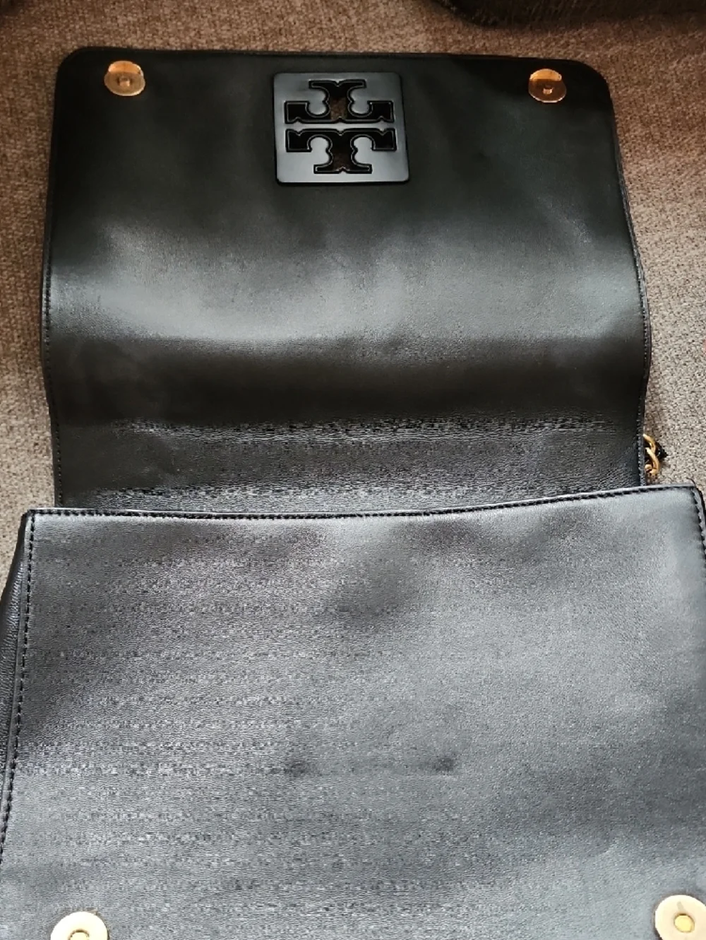 Tory Burch Black Leather Chain Shoulder Bag Gold Hardware Classic Logo W Wallet